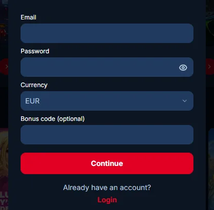 KudosBets registreringsformulär: e-post, lösenord, valuta och bonuskod