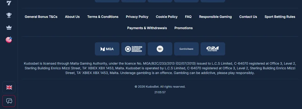 Licensraden i KudosBets sidfot med MGA/B2C/233/2013 och L.C.S Limited