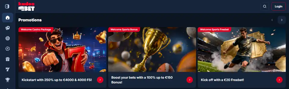 Startsidan hos KudosBet, 12 oktober 2026