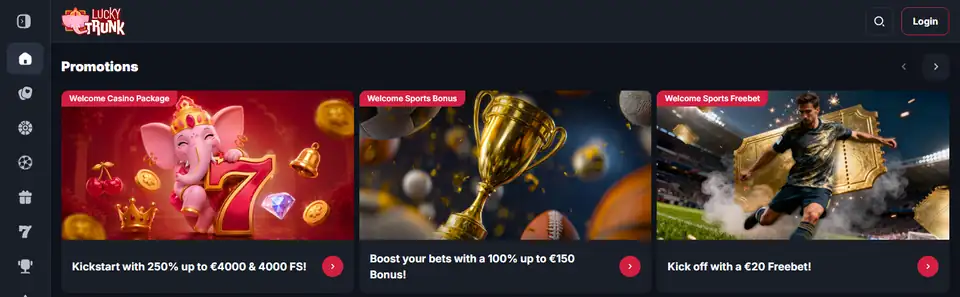 Startsidan hos Lucky Trunk, oktober 2026