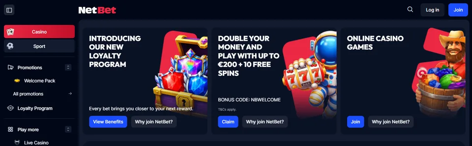 Startsidan hos NetBet, oktober 2026