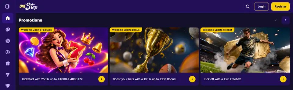 One Step Casinos startsida med välkomstpaketet för casino