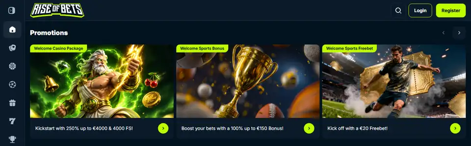 Startsidan hos Rise of Bets, 12 oktober 2026